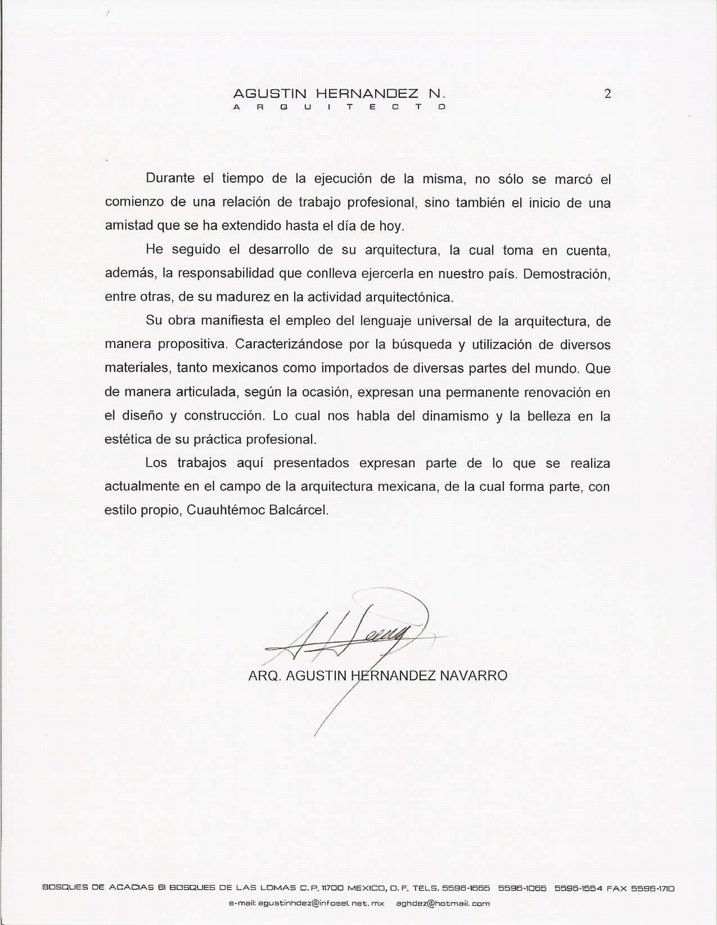 Arq. Agustín Hernández - Carta de Agradecimiento